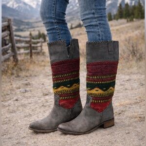 Freebird Steven Phnix Gray Leather Wool  Tall Boots Size 9M Distressed Boho